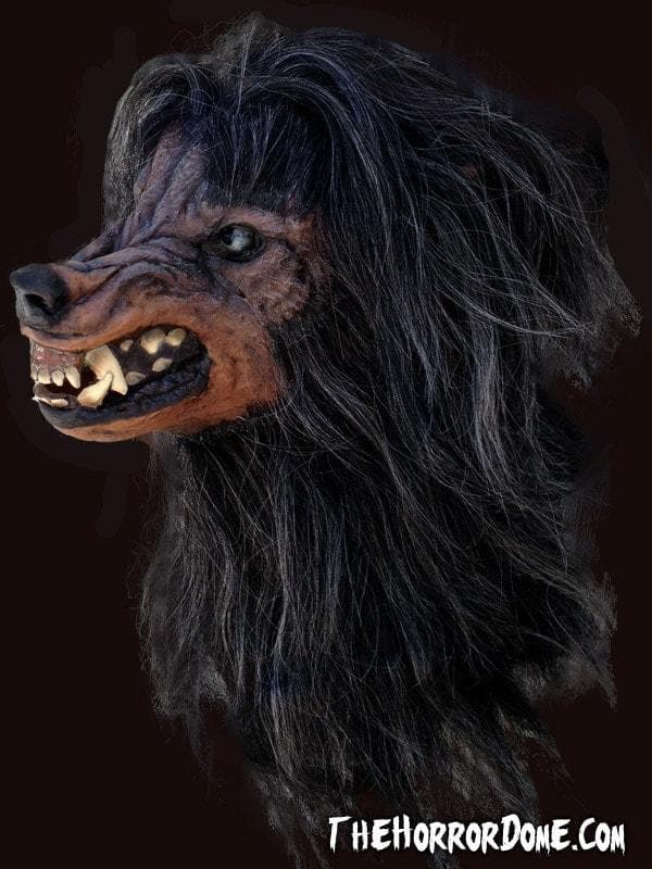 Close-up of the Bad Moon Werewolf Halloween mask's snarling face