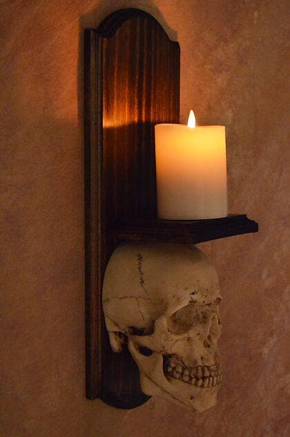 "Classic Skull Wall Sconce Style II w/ Ivory Flameless Candle" Haunted House Lighting