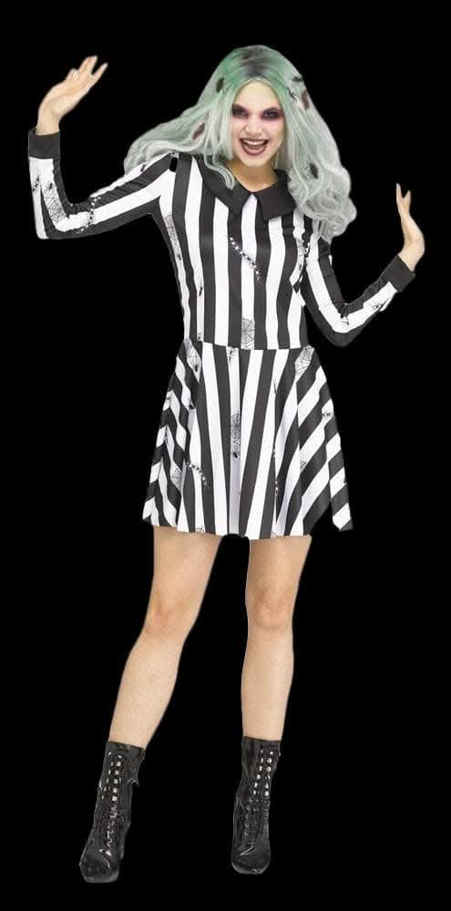 blue dress for baby girl Women Beetlejuice Keaton Cosplay Dress Costume Black White Striped Suite Halloween ACcosplay, Female / L main image 0