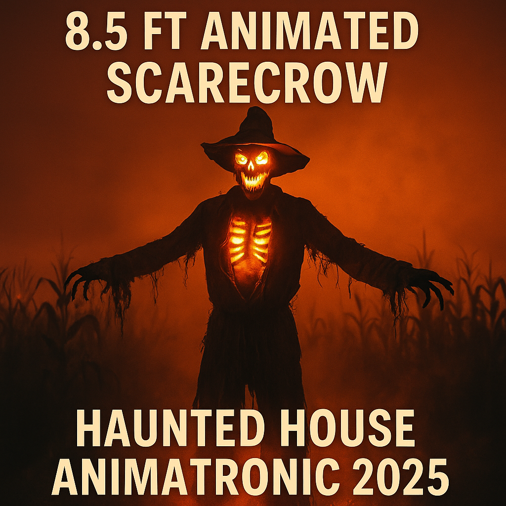 The 8.5 Ft Animated Scarecrow is a towering Halloween icon that dominates any haunt.