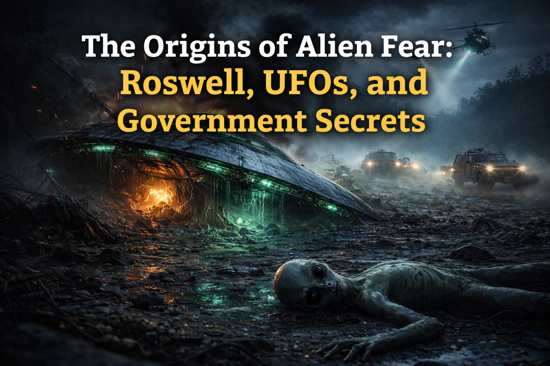 Alien crash site with damaged UFO and military searchlights inspired by Roswell and government secret lore