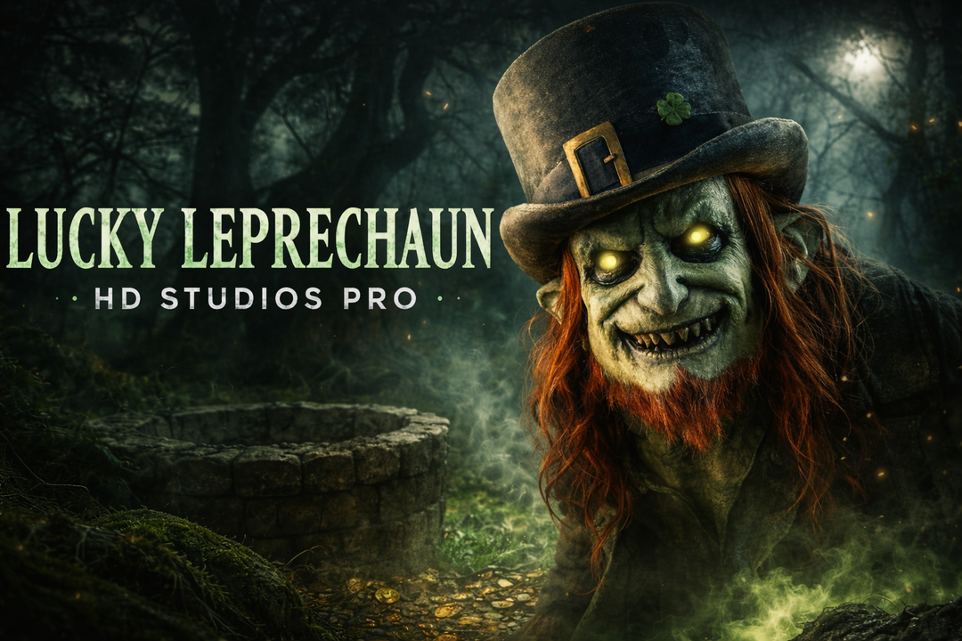 Lucky Leprechaun HD Studios Pro Halloween mask with glowing yellow eyes, green wrinkled skin, red beard, and tall gray top hat in a dark enchanted forest scene