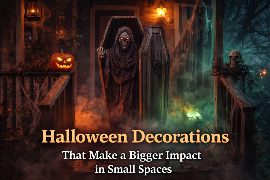 Halloween decorations for small spaces on a porch with fog, lighting, and a focal prop