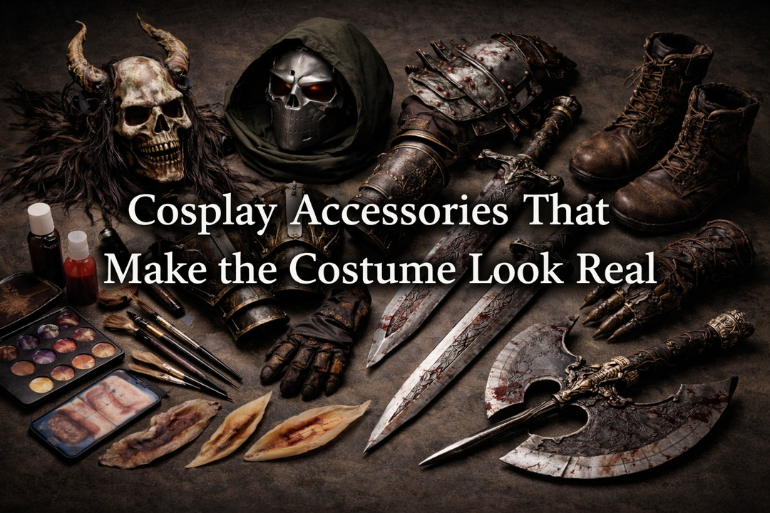 Cosplay accessories arranged on a dark surface, including masks, armor pieces, prop weapons, makeup tools, prosthetic materials, and themed footwear.