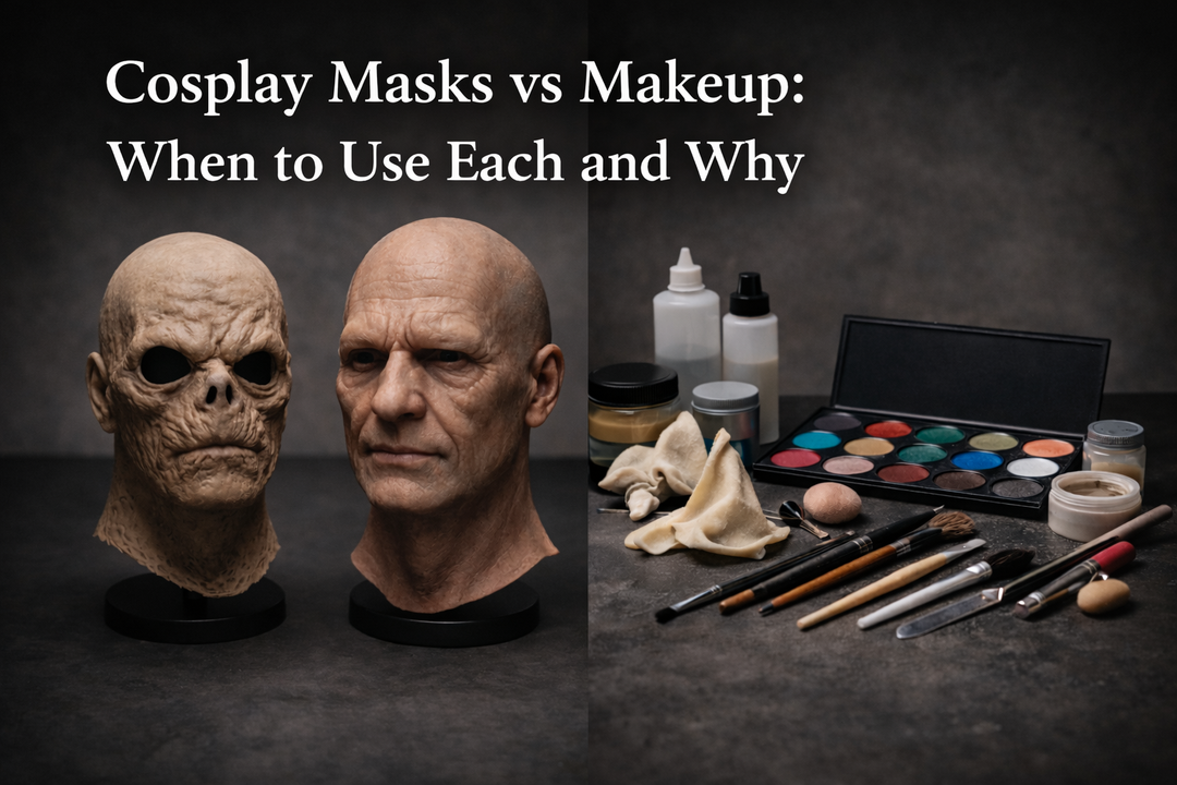 Cosplayer preparing a mask and makeup tools side by side, showing different approaches to facial cosplay and comfort considerations.