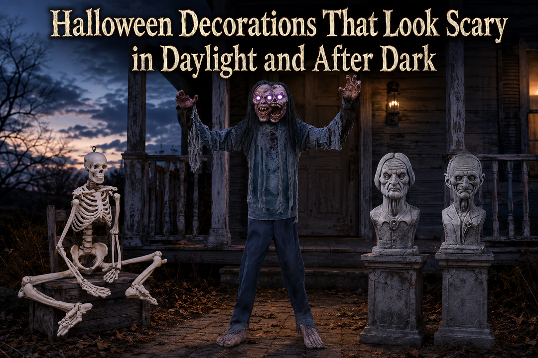 Haunted porch display at dusk