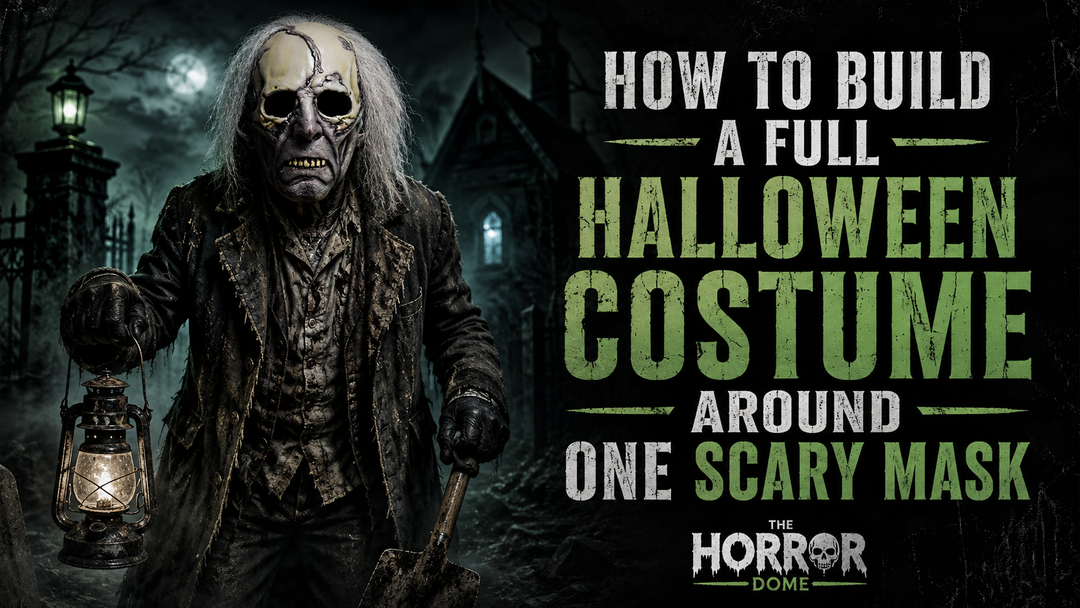 Scary Halloween mask used to build a full costume with gloves and props