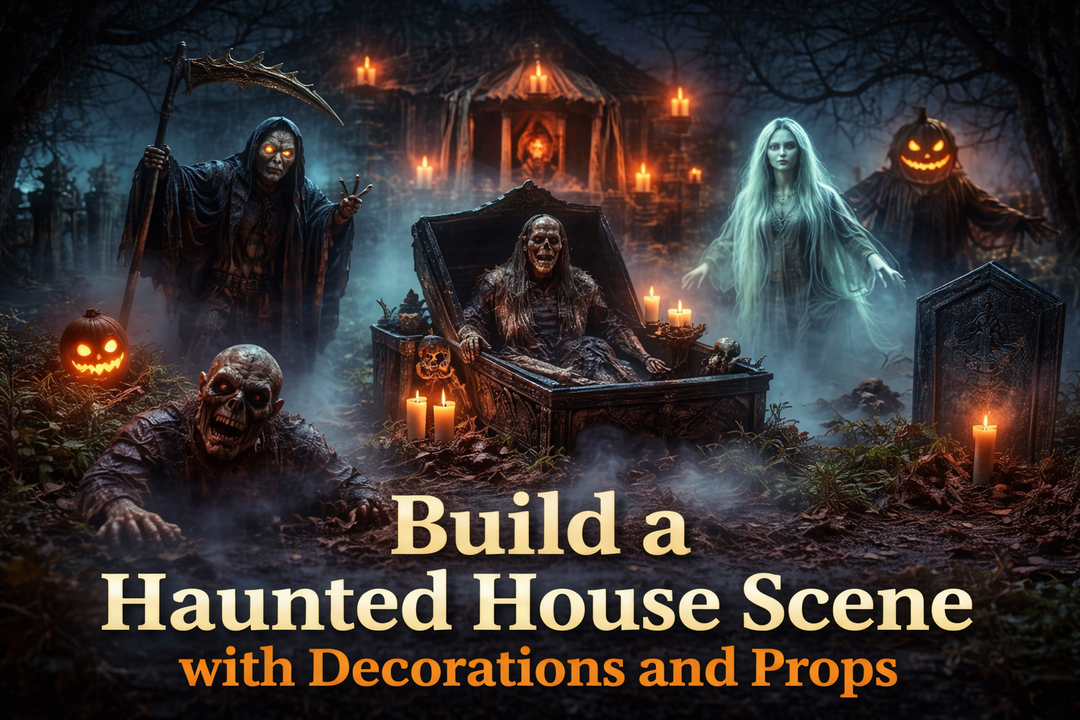Haunted house scene with animatronics, props, lighting, and fog effects