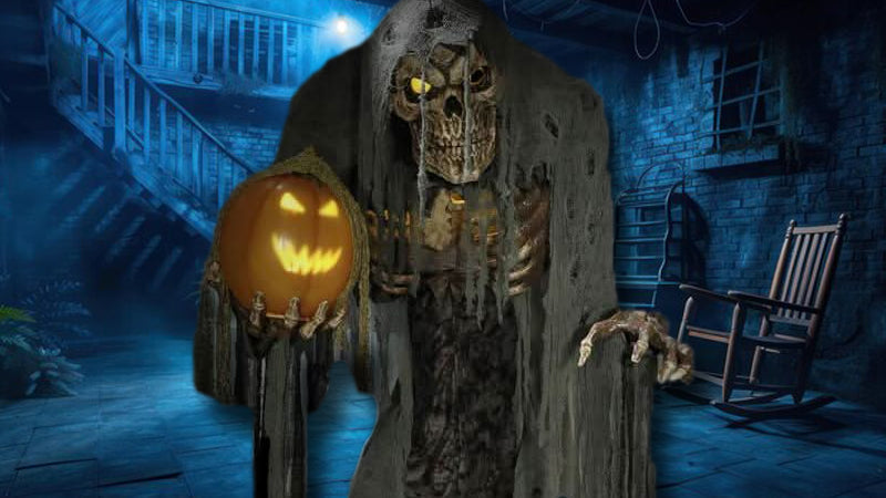 Scary pumpkin-headed animatronic with lantern