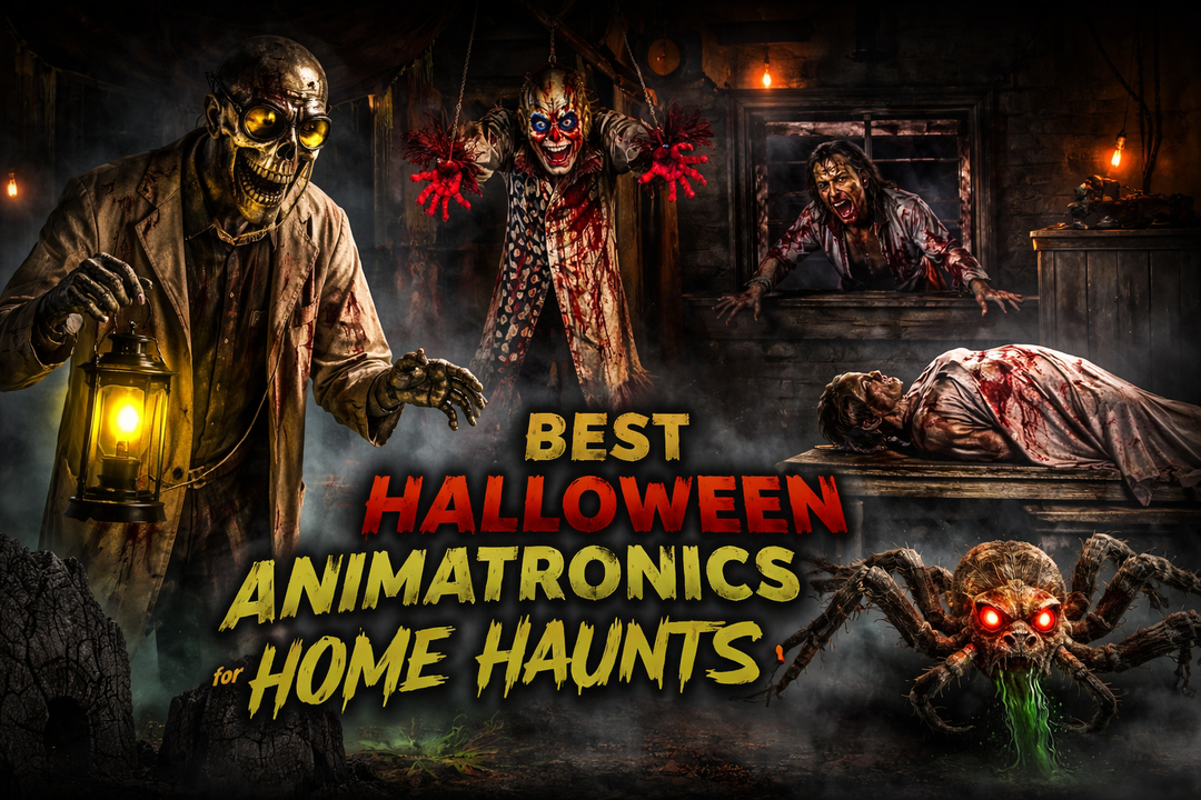 Best Halloween animatronics for home haunts featuring scary animatronic props in a haunted house scene