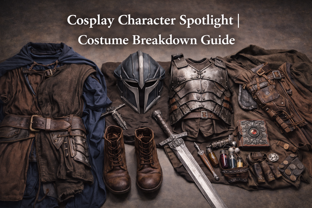 Cosplay costume displayed with key elements and accessories laid out, showing how a character design is built from base pieces to detailed upgrades.