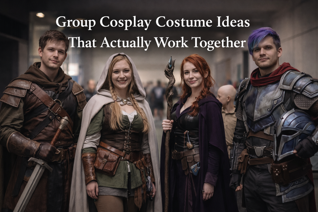 Group of cosplayers wearing coordinated costumes with shared colors and accessories, showing a cohesive theme while allowing individual comfort.