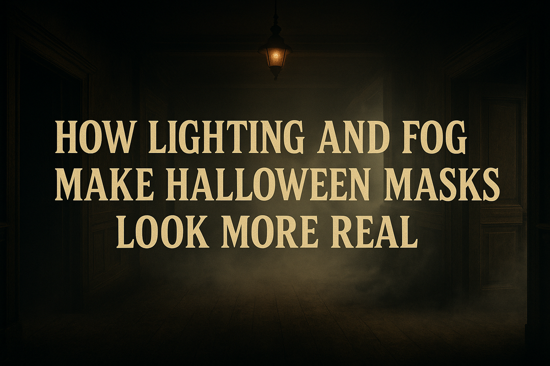Haunted house interior with moody lighting and fog used to enhance Halloween mask realism