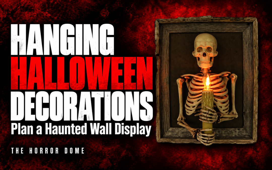 Hanging Halloween Decorations: Plan a Haunted Wall Display, featuring a framed skeleton candle prop