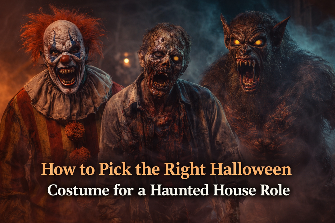 Haunted house costumes for actors including clown, zombie, and monster roles