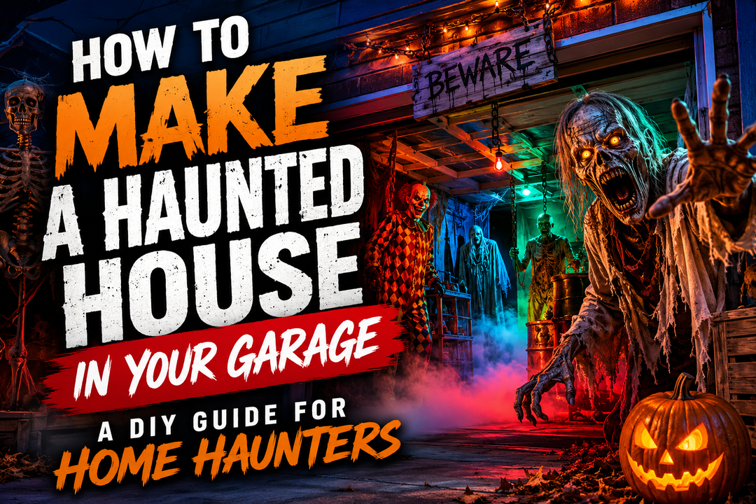 DIY haunted house setup inside a dark garage with fog, colored lighting, props, skeletons, and a scare figure at the entrance.
