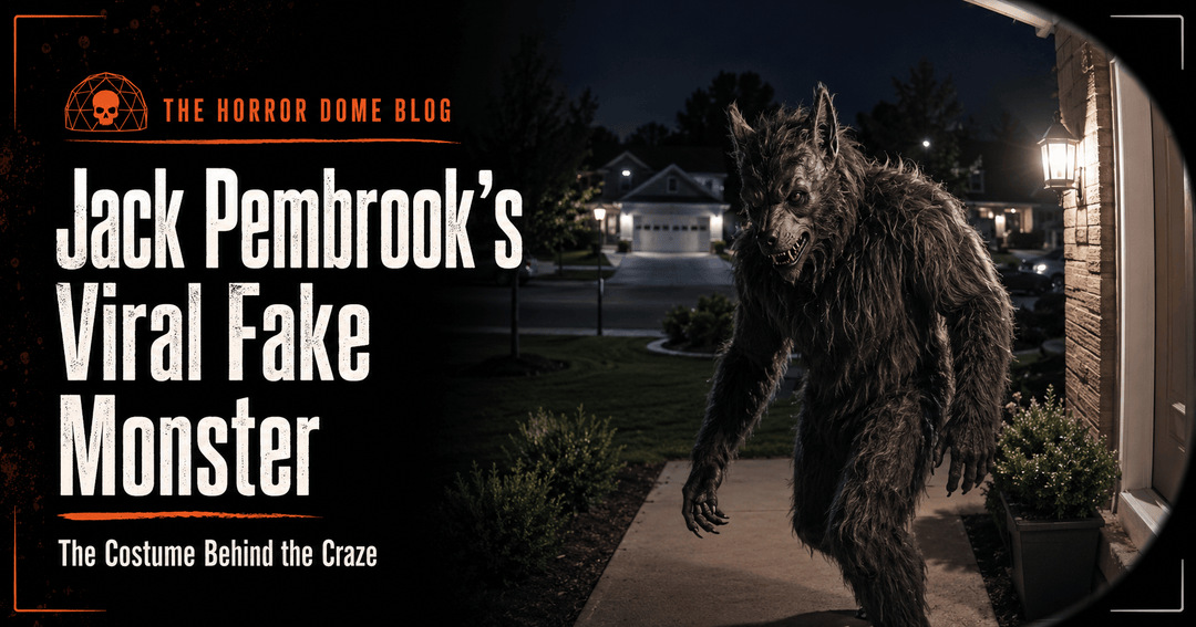 Jack Pembrook fake monster costume creeping past a suburban porch in The Horror Dome blog feature image