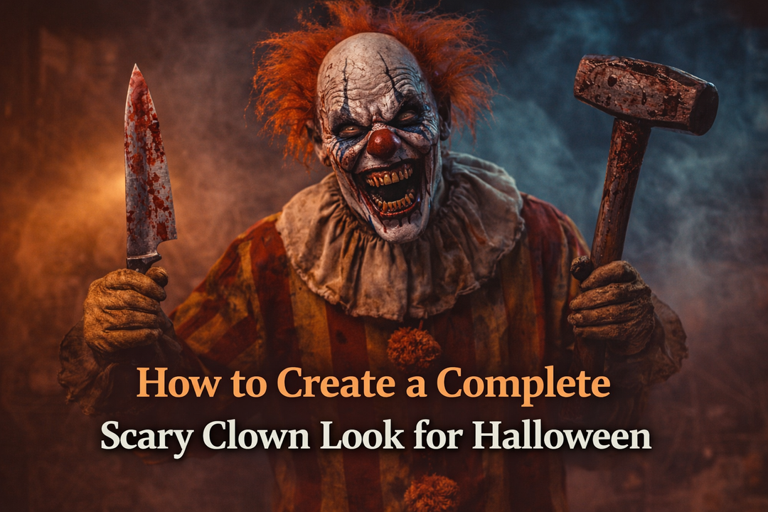 Scary clown costume with horror makeup and accessories for Halloween