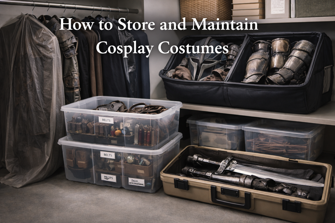 Cosplay costumes and accessories organized in storage containers and garment bags, showing proper care and long-term preservation.