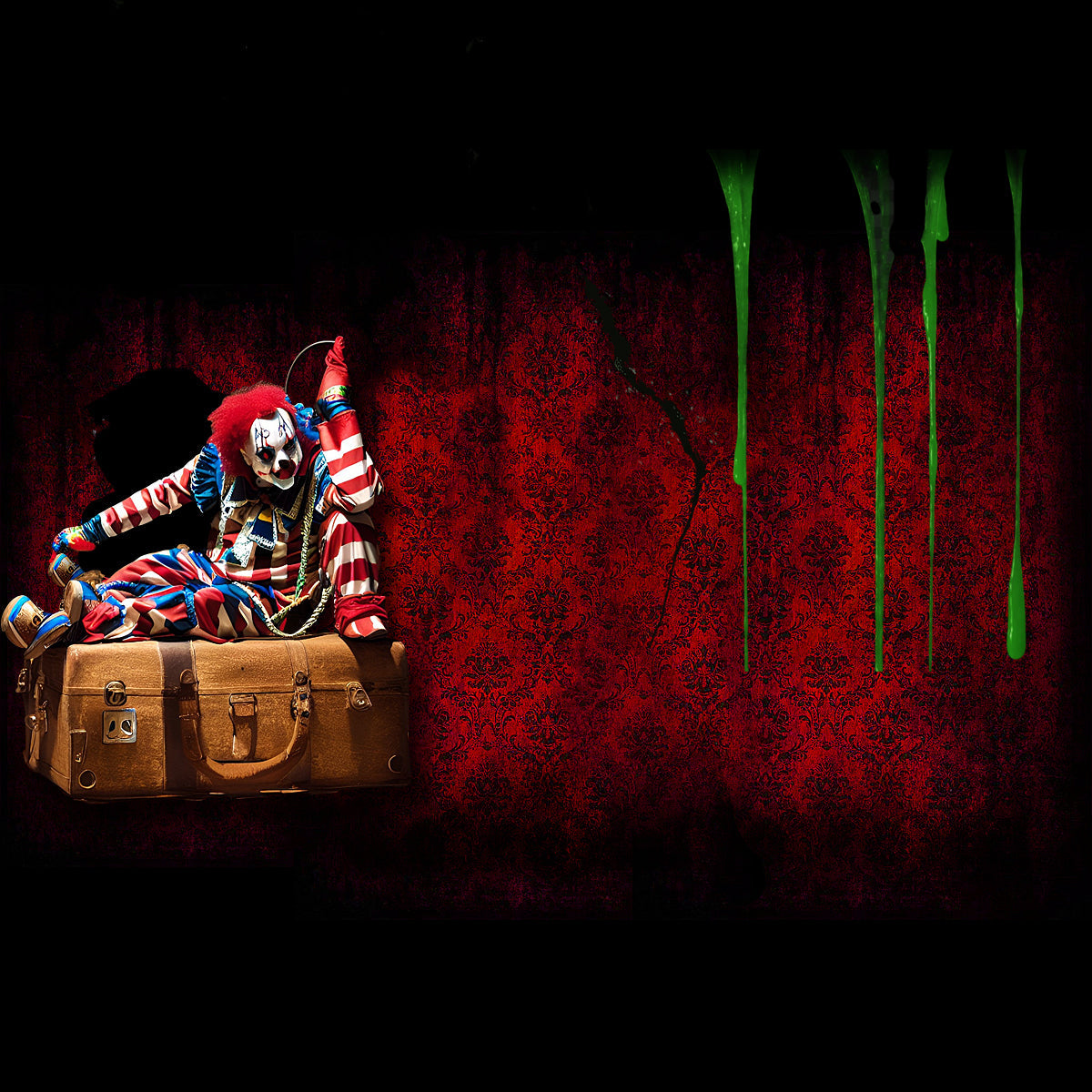 Image of our top-rated Animatronic Clown in a frightful circus setting