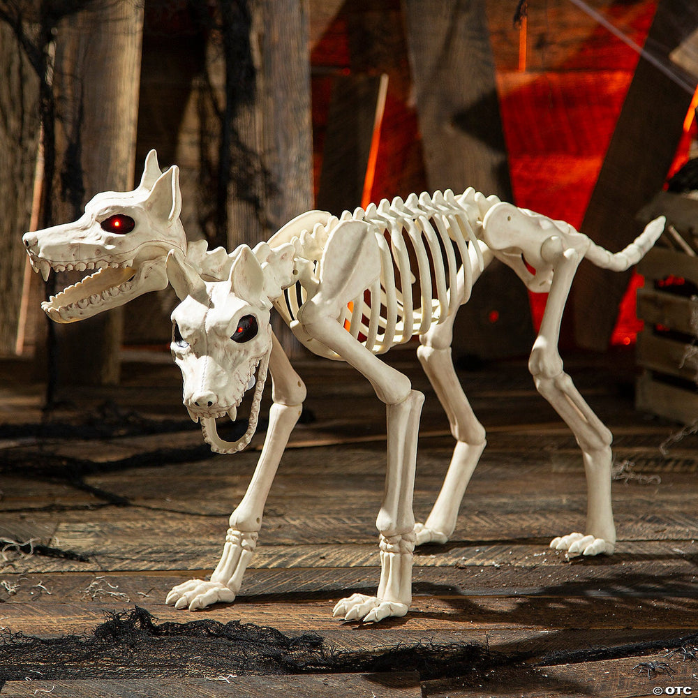 Animated Two-Headed Doberman Dog Skeleton Halloween Decoration