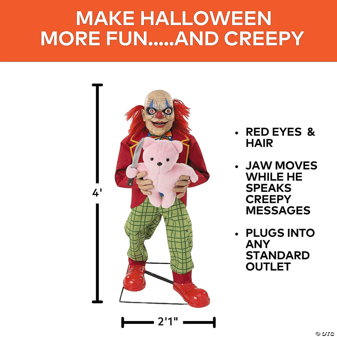 NEW for 2025 4 Ft. Creepy Clown with Pink Bear Halloween Animatronic