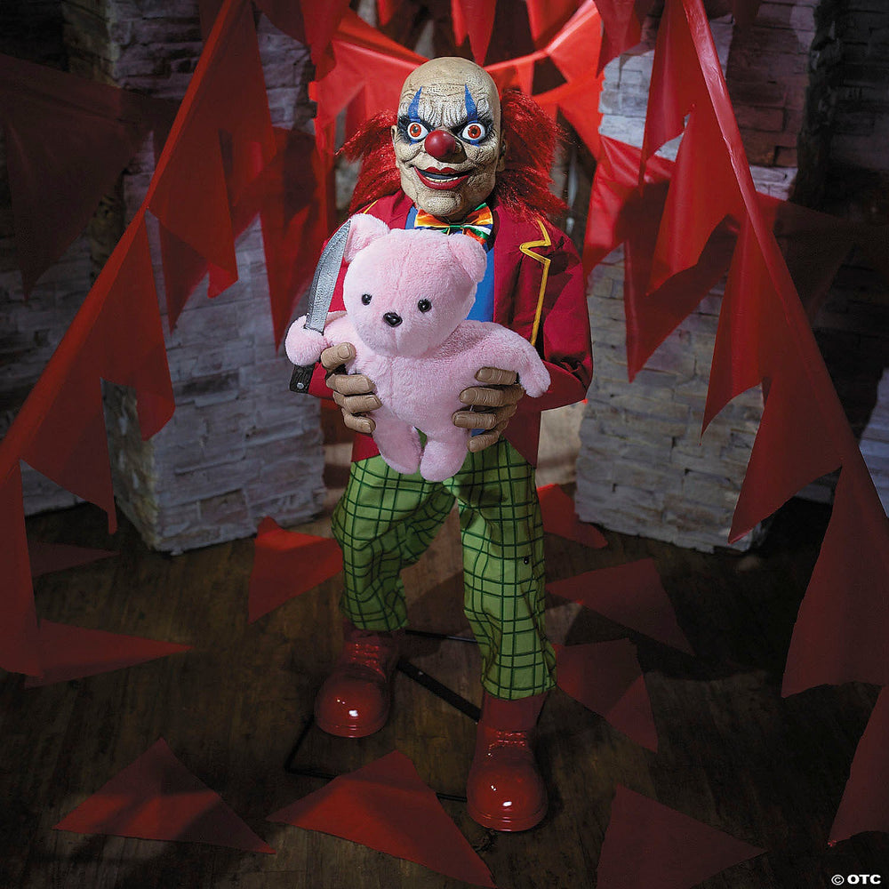 NEW for 2025 4 Ft. Creepy Clown with Pink Bear Halloween Animatronic