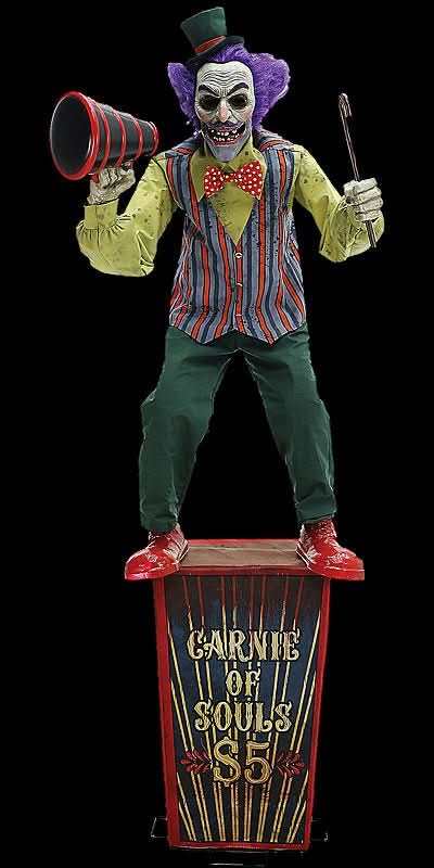 6-foot Carnival Barker Halloween animatronic for a haunted carnival room