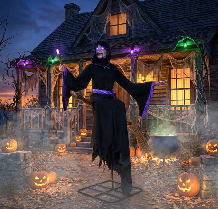 Light-Up Hovering Witch with Broom & Wand Halloween Animatronic Decoration