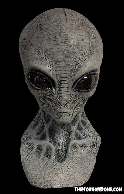 "Alien Halloween Mask from The Horror Dome. Hand-painted hyper-realistic Grey alien disguise with large eyes, pig-like nose, stern lips. Durable construction provides cinema-quality seamless fit over bodysuits. Perfect for completing extraterrestrial costumes, haunted houses, hayrides.