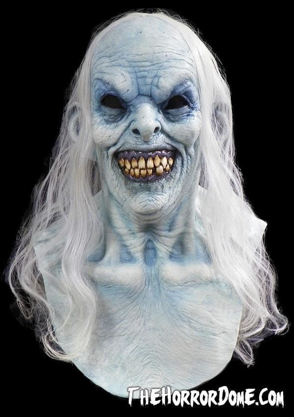 Female Apparition Halloween mask by The Horror Dome. Hand-painted haunted house ghost disguise with flowing white locks, chilling blue skin, mesh-covered dead eyes. Seamless over-head fit over costumes. Perfect for impersonating spirits, completing paranormal costumes, haunting events.