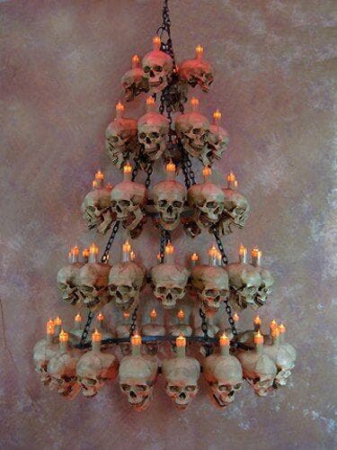 "Five-Tiered Life-Size Skull Chandelier with 60 Skulls" Haunted House Lighting