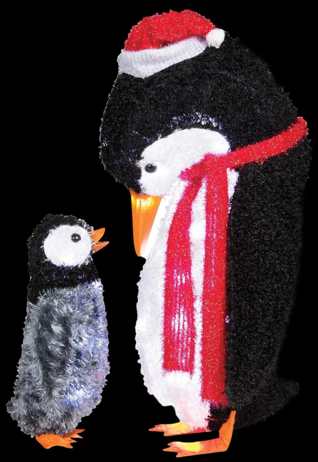 "Fuzzy Plush Mommy and Baby Penguin" Light Up Christmas Decoration