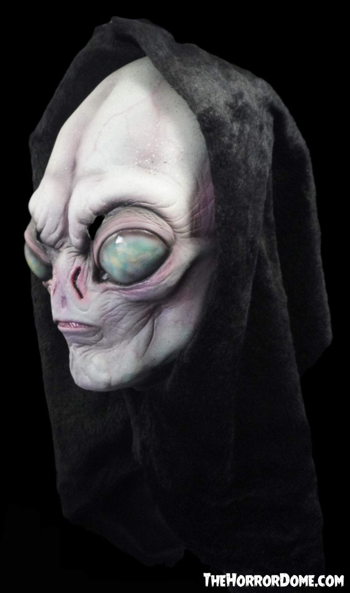Detailed Roswell Alien mask showcasing 50’s horror design, neon pigments, intricate textures, and felt over-casing for a realistic alien look.
