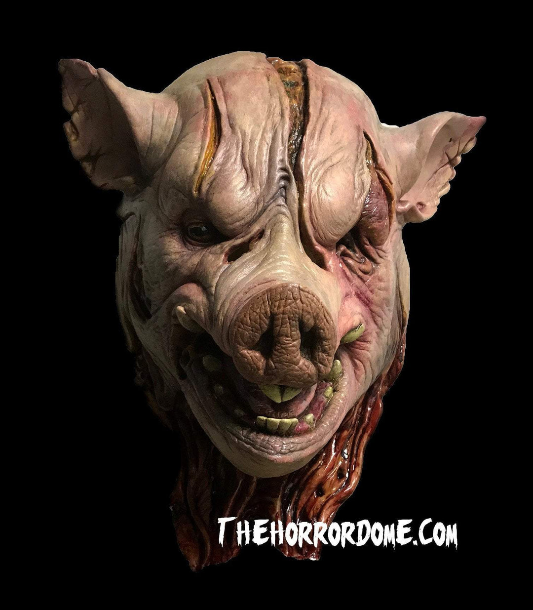 Pig Head Halloween mask by The Horror Dome. Hand-painted, life-size silicone pig disguise provides seamless look over clothing. Realistic swine details like furrowed brow and flared nostrils. Perfect mask for completing twisted farmhouse or butcher shop costume themes.