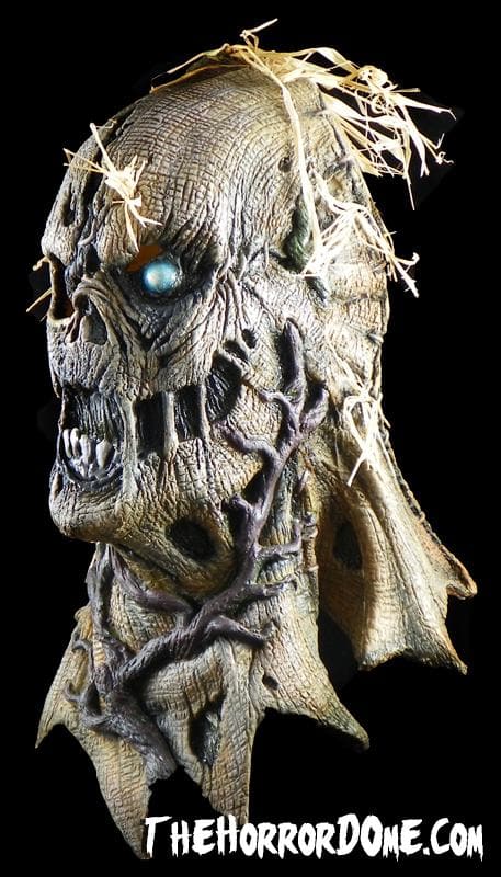 Close-up of Scarecrow Skeleton mask's jagged teeth and blue eye