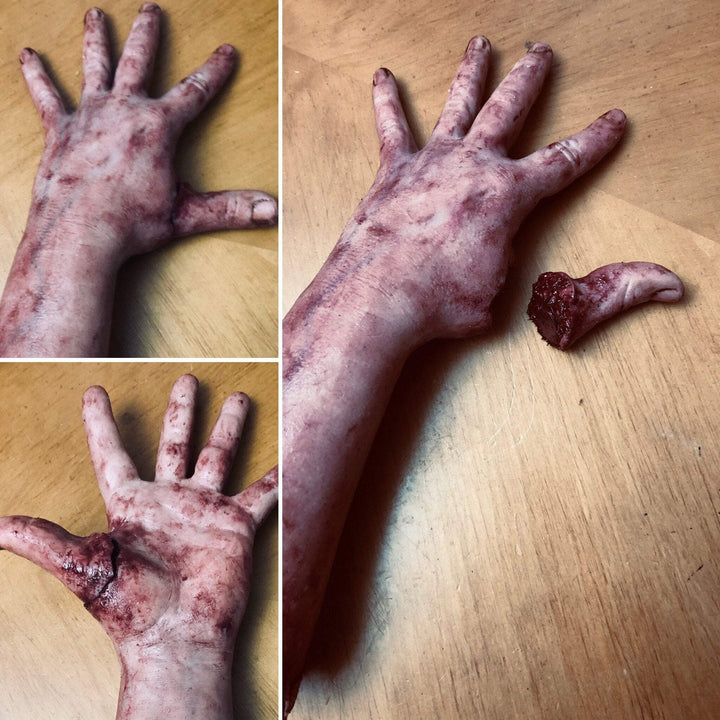 "Severed Silicone Arm with Magnetic Thumb" Bloody Body Part Halloween Prop