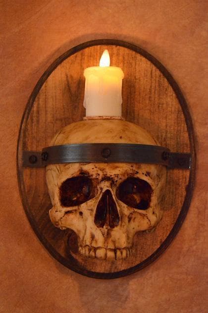Skull Plaque Wood Sconce with Flameless Candle