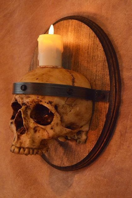 Skull Plaque Wood Sconce with Flameless Candle