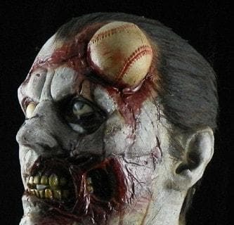 Baseball Zombie Halloween Mask: Detailed view of the decayed face and stitches