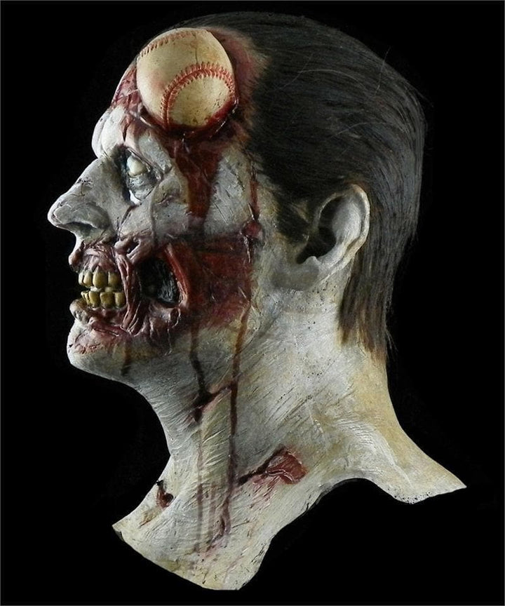 Close-up: Intense detailing of the Baseball Zombie Halloween Mask's features