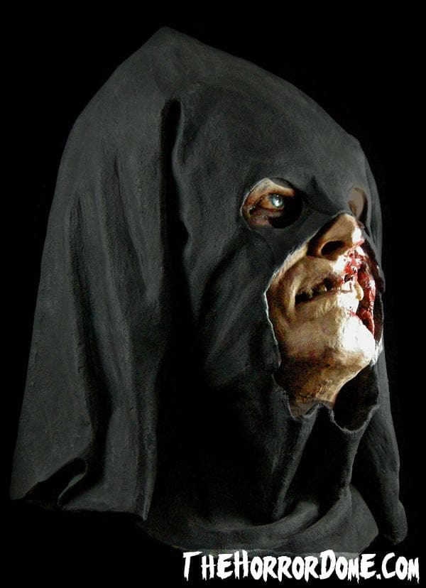 Full over-the-head design of The Executioner mask with a gnarly, torn-up face